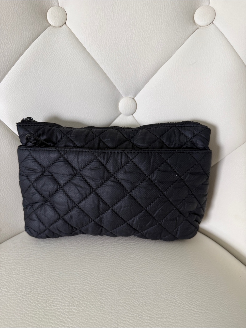 MZ Wallace Black Quilted Nylon Double Zip Cosmetic Pouch Medium Size - Picture 3 of 12